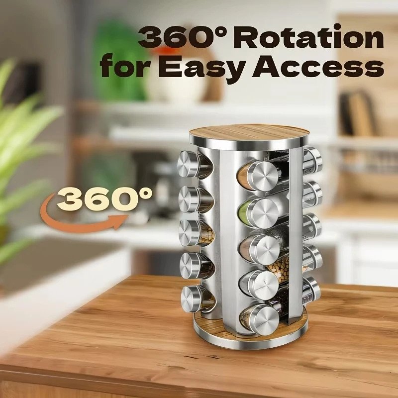 Rostfritt stål roterande ställ med burk, köksspecial 360 graders roterande bord för kryddor, 20 burkar